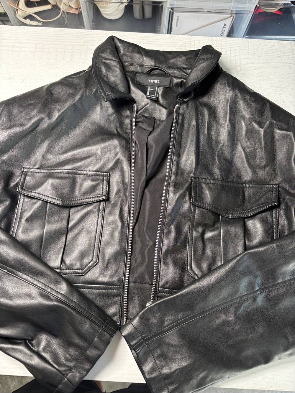 Forever 21 Black Faux Leather Bomber Jacket with Flap Pockets